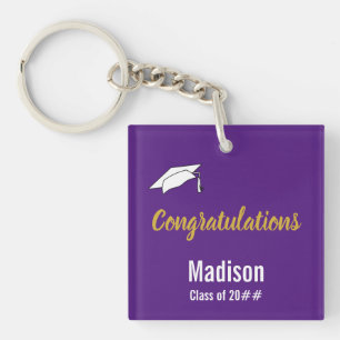 Congratulations Purple White and Gold Graduate Key Ring