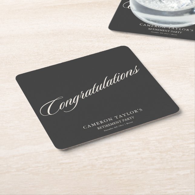 Congratulations Retirement Party Black Script Square Paper Coaster (Angled)
