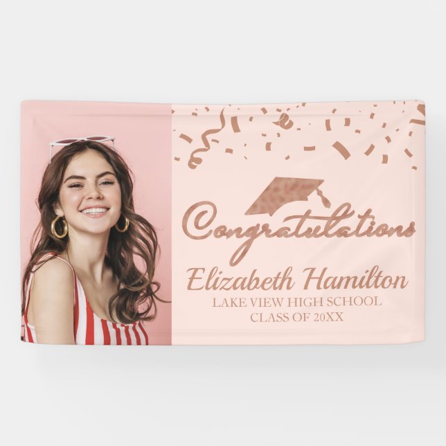 Congratulations Rose Gold Pink Photo Graduation Banner (Horizontal)