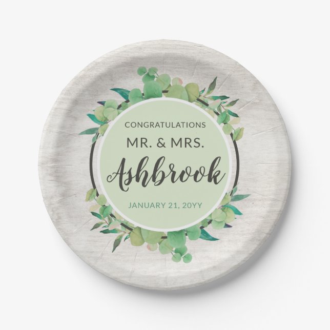 Congratulations Rustic Wood & Eucalyptus Botanical Paper Plate (Front)