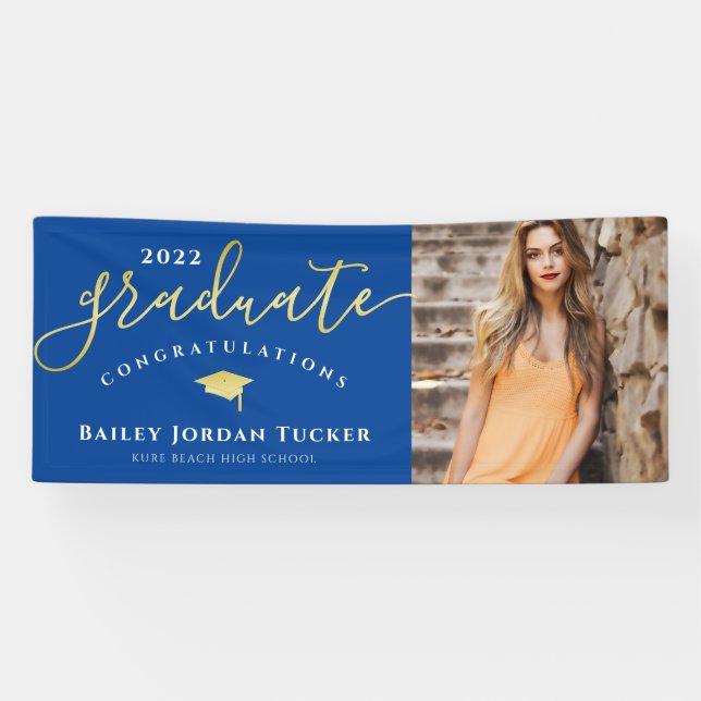 Congratulations Script Blue Gold Photo Graduation  Banner (Horizontal)