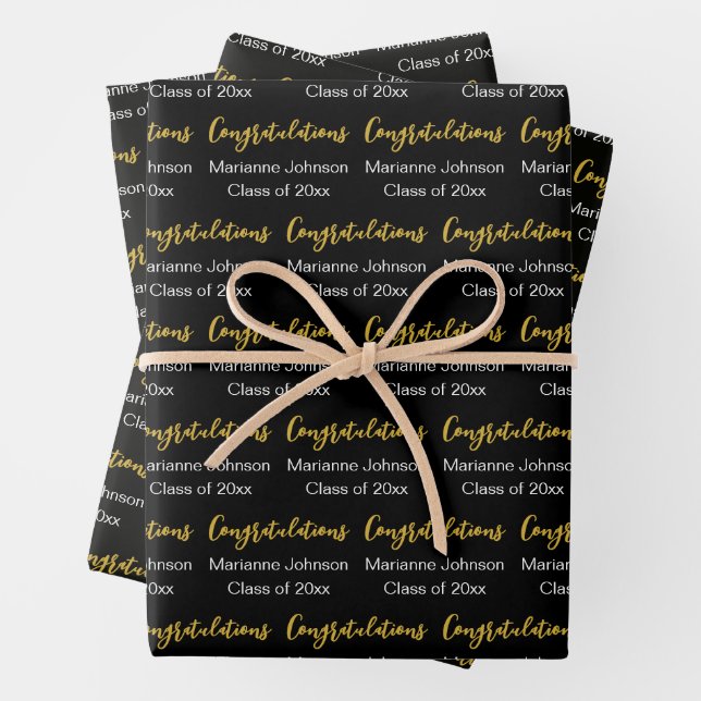 Congratulations Script Grad Name Black White Gold Wrapping Paper Sheet (In situ)