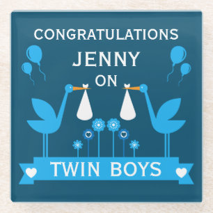 Congratulations Stalk Delivery Twin Boy Glass Coaster