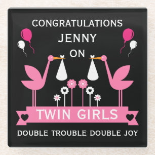Congratulations Stalk Delivery Twin Girls Glass Coaster