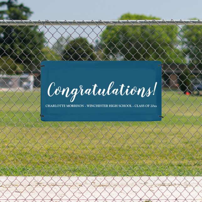 Congratulations teal custom script text graduation banner (Insitu)