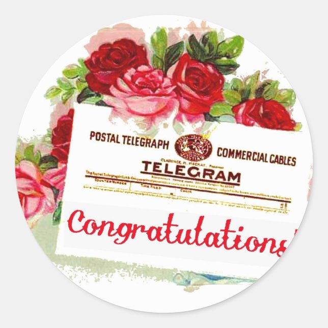 Congratulations Telegram Roses Vintage Postcard Classic Round Sticker (Front)