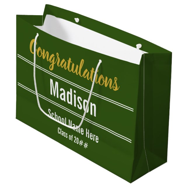 Congratulations to Grad on Dark Green and White Large Gift Bag (Front Angled)