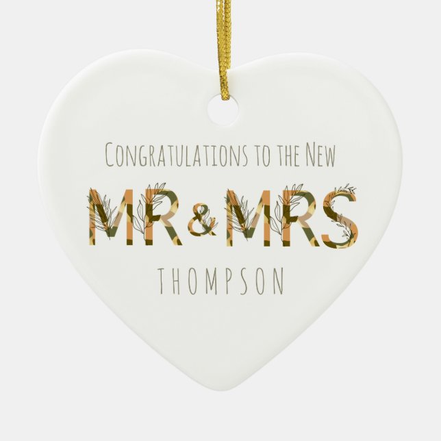 Congratulations to New Mr and Mrs Name Foliage Ceramic Ornament (Front)