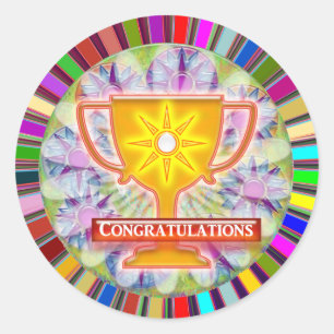 CONGRATULATIONS : Trophy and Sparkle Wheels Decor Classic Round Sticker