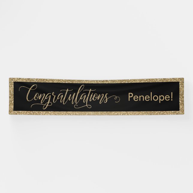 Congratulations Typography Gold Glitter and Black Banner (Horizontal)