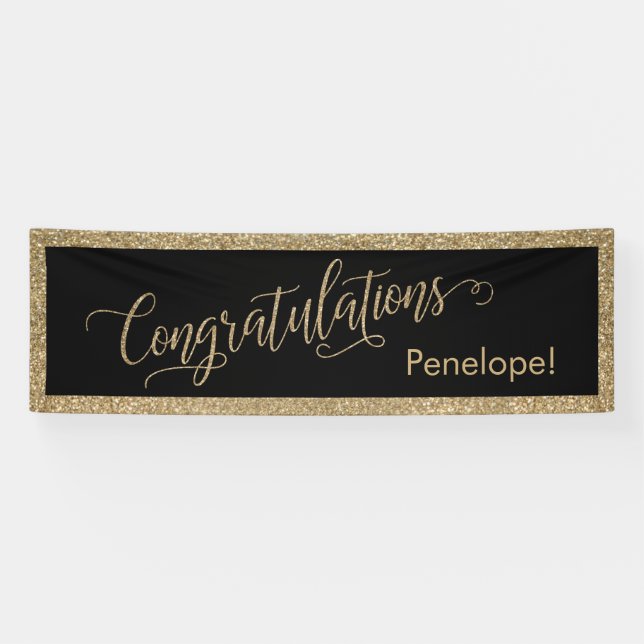Congratulations Typography Gold Glitter and Black Banner (Horizontal)