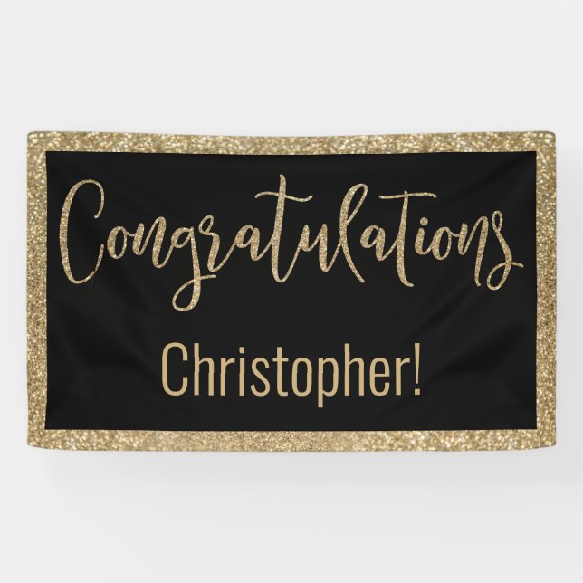 Congratulations Typography Gold Glitter and Black Banner (Horizontal)