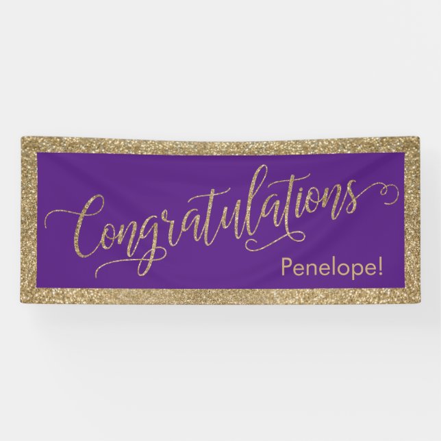 Congratulations Typography Gold Glitter and Purple Banner (Horizontal)