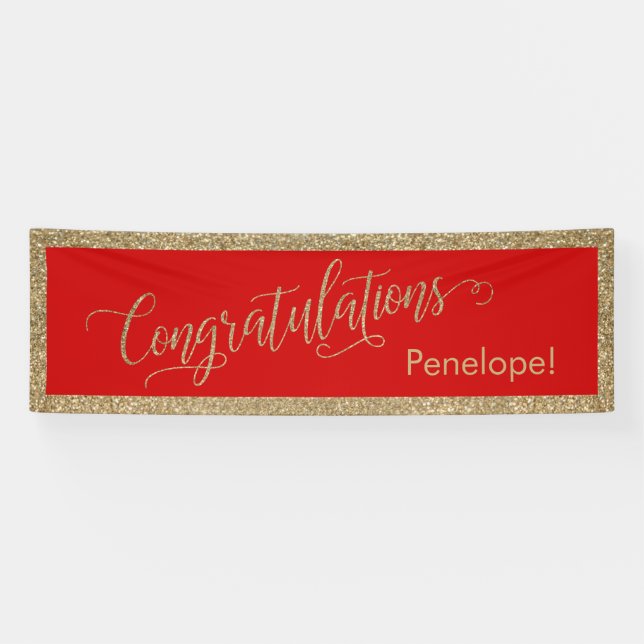Congratulations Typography Gold Glitter and Red Banner (Horizontal)