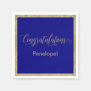 Congratulations Typography Gold Glitter Dark Blue Napkin