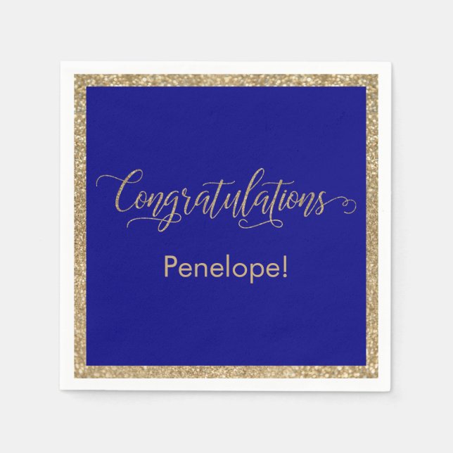 Congratulations Typography Gold Glitter Dark Blue Napkin (Front)