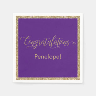 Congratulations Typography Gold Glitter Purple Napkin