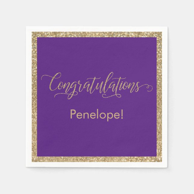 Congratulations Typography Gold Glitter Purple Napkin (Front)