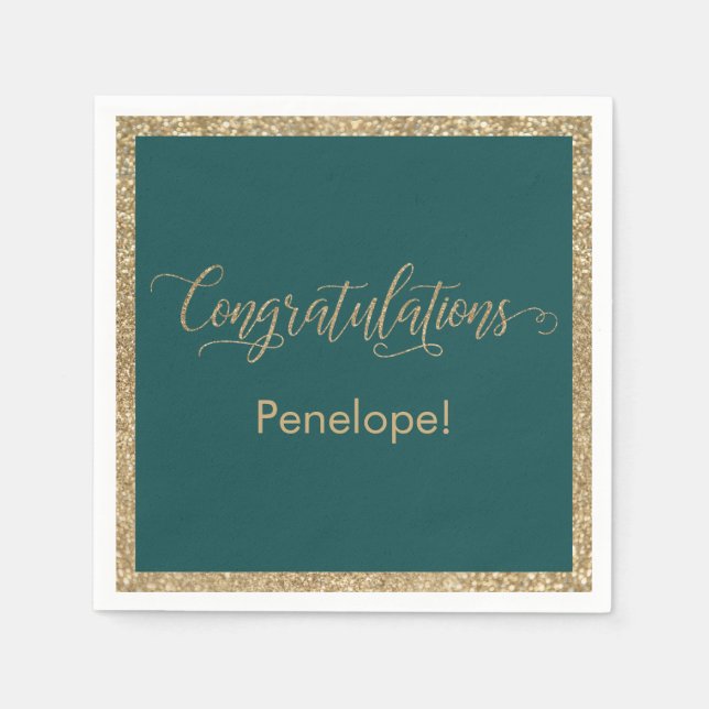Congratulations Typography Gold Glitter Teal Napkin (Front)