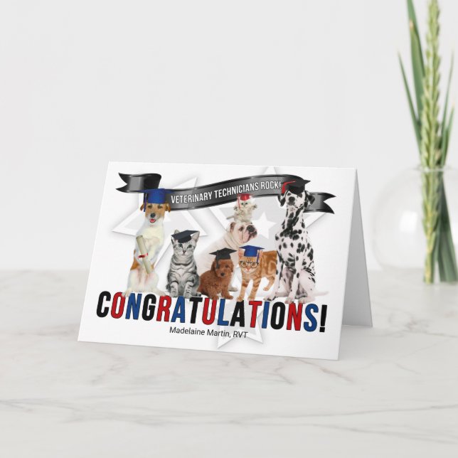 Congratulations Vet Tech Graduate Cats and Dogs Card (Front)