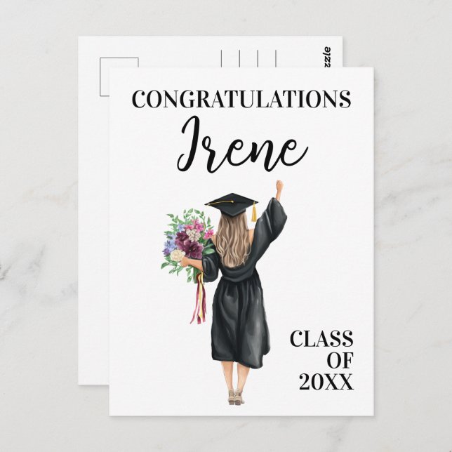 Congratulations Watercolor Graduate Girl Flowers  Postcard (Front/Back)
