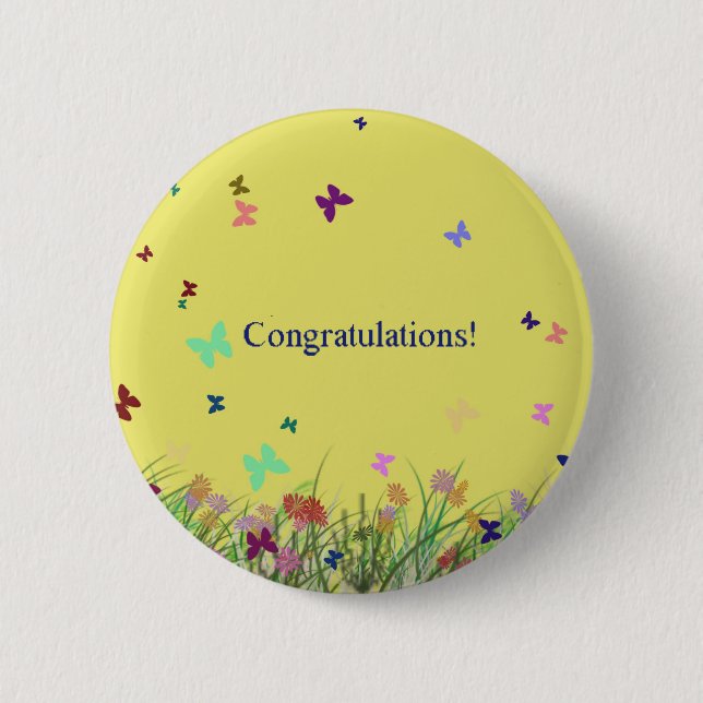 Congratulations  yellow butterfly background 6 cm round badge (Front)