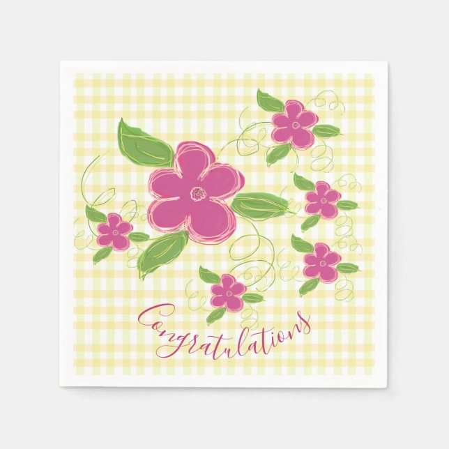 Congratulations Yellow Plaid Pink Floral Napkin (Front)