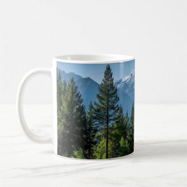 Coniferous Trees with Mountain Background Coffee Mug (Left)