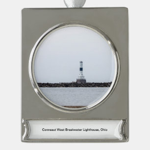 Conneaut West Breakwater Lighthouse Silver Plated Banner Ornament
