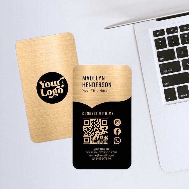 Connect Metallic Gold Black QR Code Social Media Business Card (Creator Uploaded)