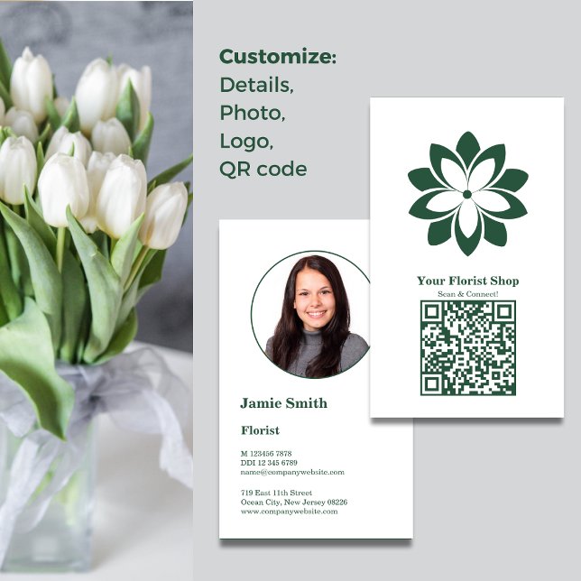 Connect with Floral World Florist Business Card (Connect with Floral World Florist Business Card, White & Green, Photo, Logo, QR code)