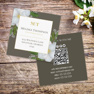 Connect With Me QR Code Floral Foliage Magnolia Square Business Card