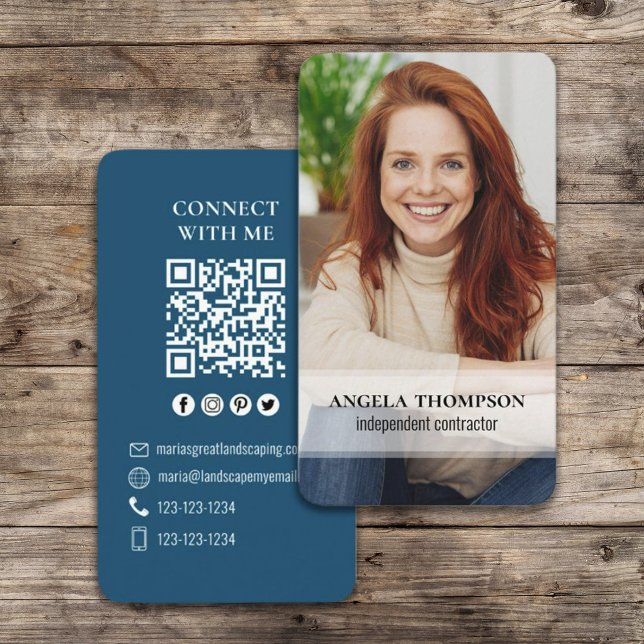 Connect With Me | QR Code Simple Modern Photo Blue Business Card (Creator Uploaded)