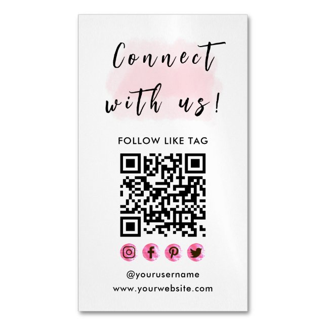 Connect With Us Branding Logo QR Code Modern Pink Magnetic Business Card (Front Vertical)