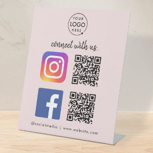 Connect with us Instagram Facebook QR Code Pink Pedestal Sign