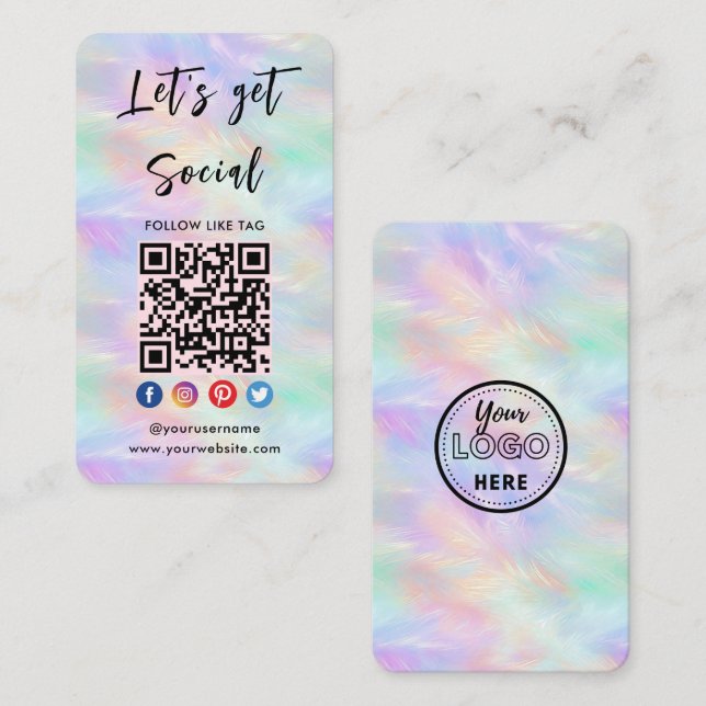 Connect With Us Iridescent Opal Stylish Qr Code Business Card (Front/Back)
