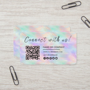 Connect with us Logo Qr Code Iridescent Opal Chic Business Card