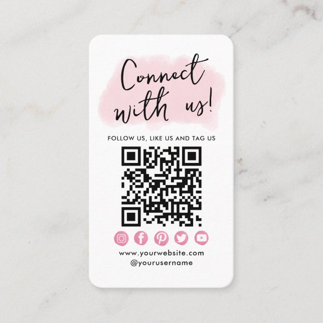 Connect With Us Pink Social Media QR Code Modern Business Card (Front)
