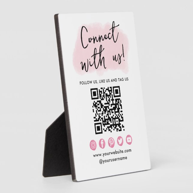Connect With Us Pink Social Media QR Code Modern Plaque (Side)
