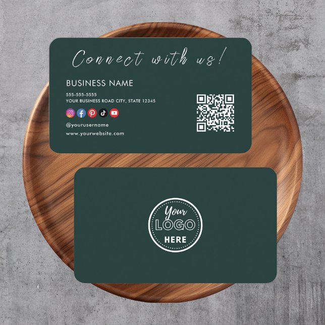 Connect with us Qr Code Social Media Dark Green Business Card (Creator Uploaded)