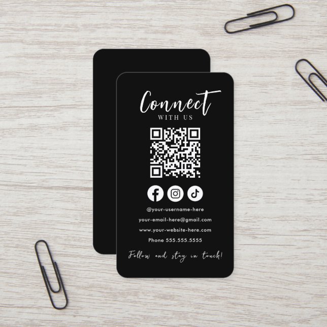 Connect With Us Social Media Black QR Code Business Card (Front/Back In Situ)