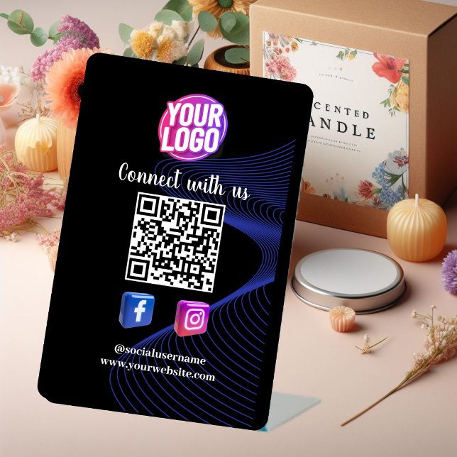 Connect with us | Social Media QR Code Black Blue Pedestal Sign (Creator Uploaded)