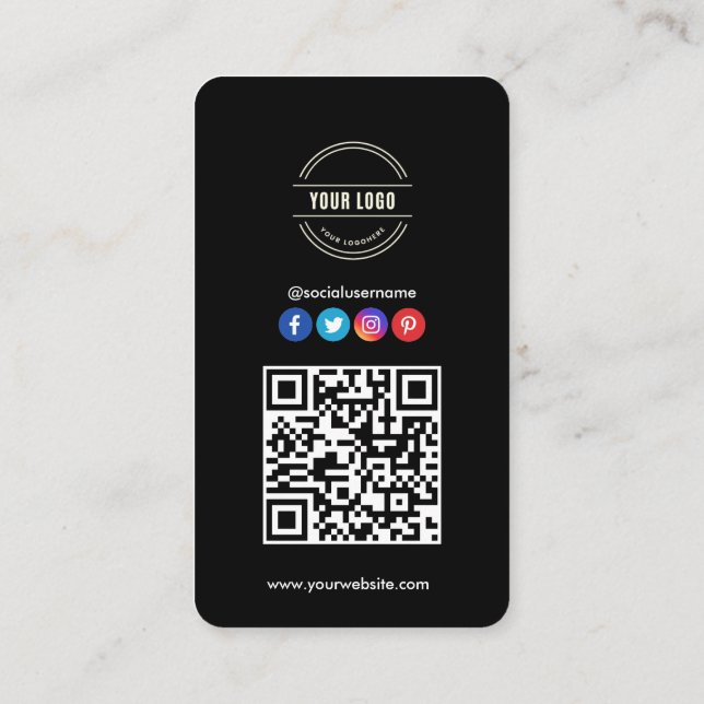 Connect with us | Social Media QR Code Black Busin Business Card (Back)