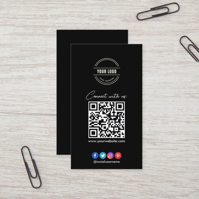 Connect with us | Social Media QR Code Black Busin Business Card (Front/Back In Situ)