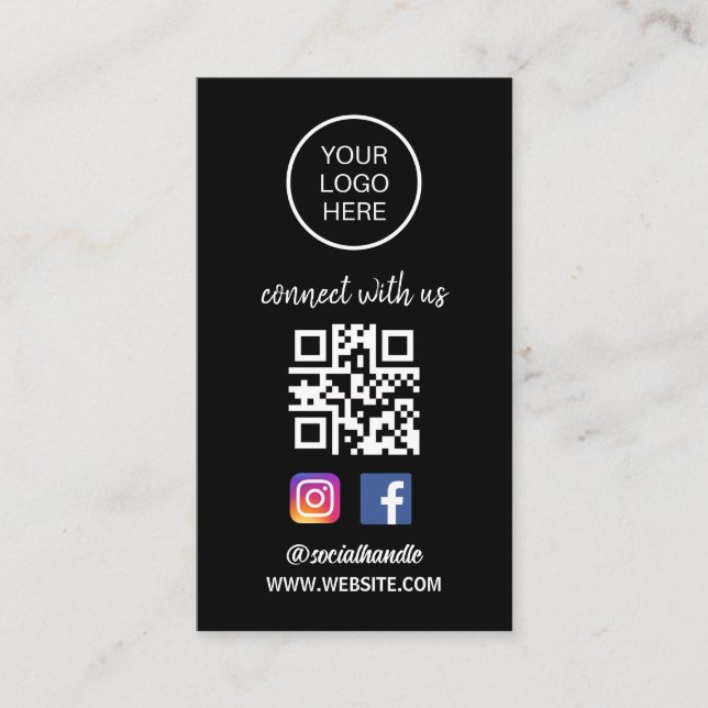 Connect with us | Social Media QR Code Black Business Card (Front)