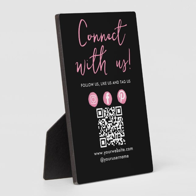Connect With Us Social Media QR Code Black Pink Plaque (Side)