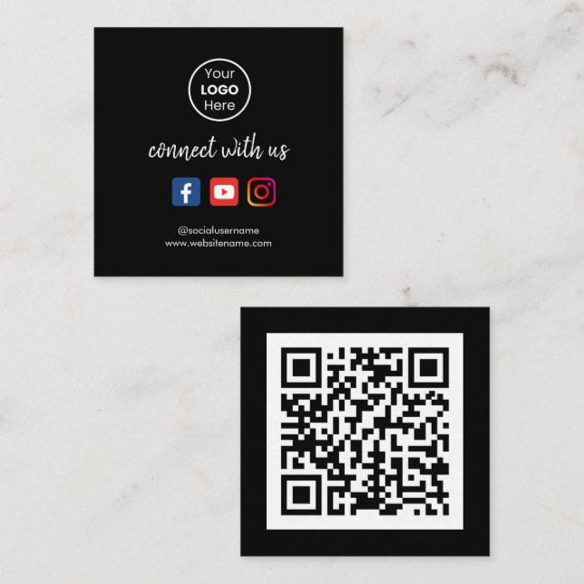 Connect with us | Social Media QR Code Black Square Business Card (Front/Back)