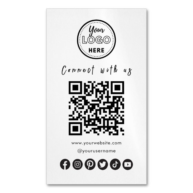 Connect With Us Social Media QR Code Black White Magnetic Business Card (Front Vertical)