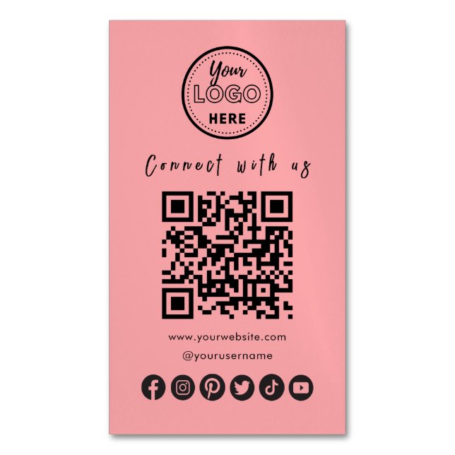 Connect With Us Social Media QR Code Blush Pink Magnetic Business Card (Front Vertical)
