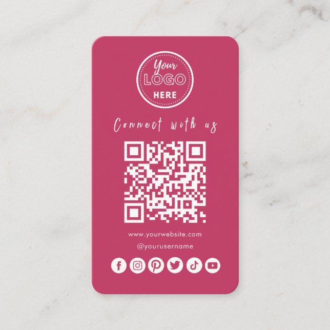 Connect With Us Social Media QR Code Hot Pink Business Card (Front)